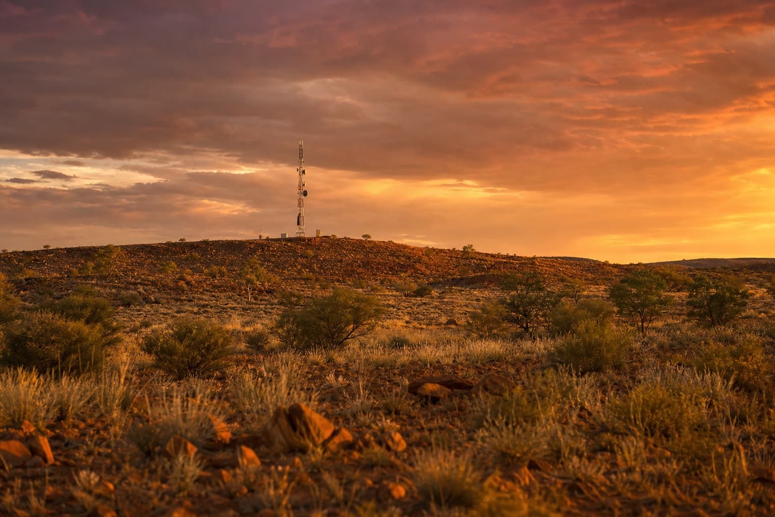 Western Australia outback at sunset with telecommunications tower — PixelPAC remote communications